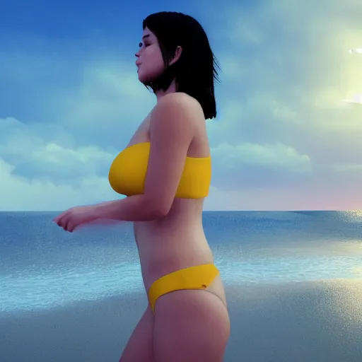 Image similar to real life photo of a beautiful girl, full body photoshoot, short black hair yellow tips, golden watery eyes, full round face, short smile, pale pink bikini, serene beach setting, cinematic lightning, medium shot, mid - shot, highly detailed, trending on artstation, unreal engine 4 k, 8 0 mm, 8 5 mm, cinematic wallpaper
