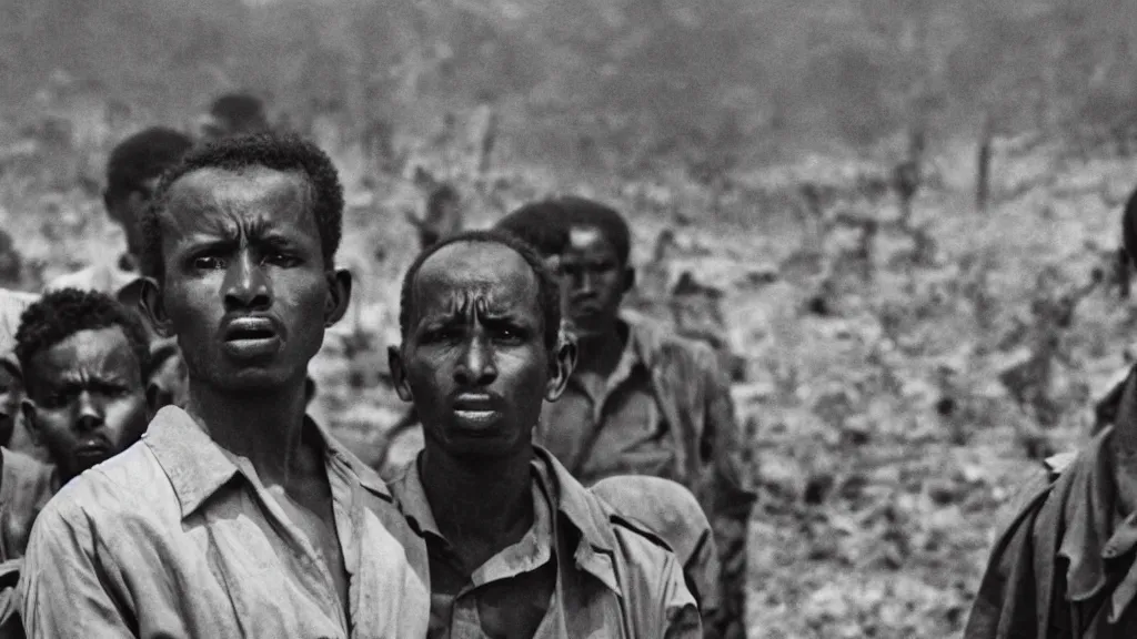 Prompt: 1984 Ethiopian civil war and Red Terror, moody, dark, movie scene, hd, 4k, wide shot