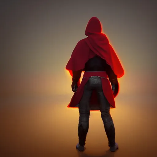 Image similar to view from the back warrior holding two swords, full body worn out damaged cape, red hoodie, worn out clothes, floating spiral sand, concept art, volumetric light, full body shot, 8K, trending on artstation