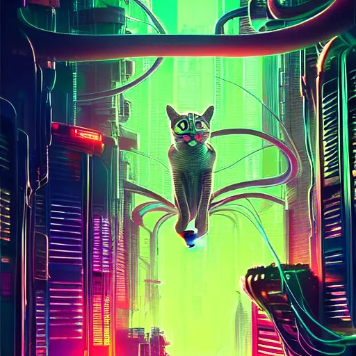 Image similar to cats cyborg inside an scifi tentacles wires futuristic city, beautiful neon cats, cinematic, highly detailed, photorealistic, rich bright colors, trending on artstation, giger, tsutomu nihei, trending on cgsociety, awe inspiring bruce pennington cityscape, digital art painting of 1 9 6 0 s