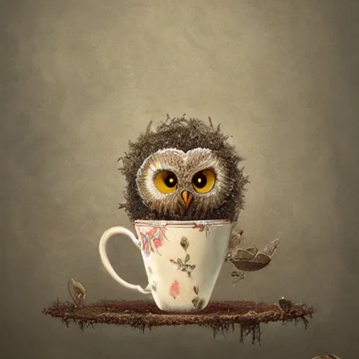 Image similar to long shot of a very cute owl chick nesting in a very romantique cup, by esao andrews, humorous illustration, hyperrealistic, big depth of field, warm colors, night scenery, low light, 3 d octane render, 4 k, conceptart, hyperdetailed, hyperrealistic, trending on artstation