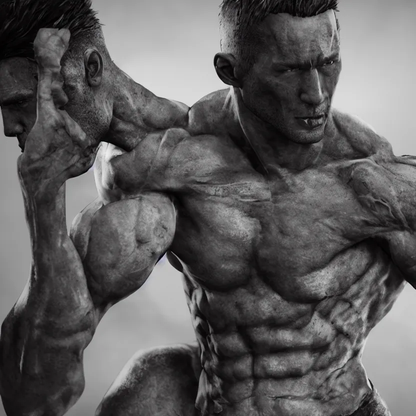 Prompt: a single muscular man wearing torn clothes, looking to the right, profile picture, hyperrealistic, concept art, octane render, unreal engine 5, trending on artstation, high quality, highly detailed, 8 k, dramatic lighting, cinematic, high coherence, anatomically correct, five fingers, digital art, seductive, black and white