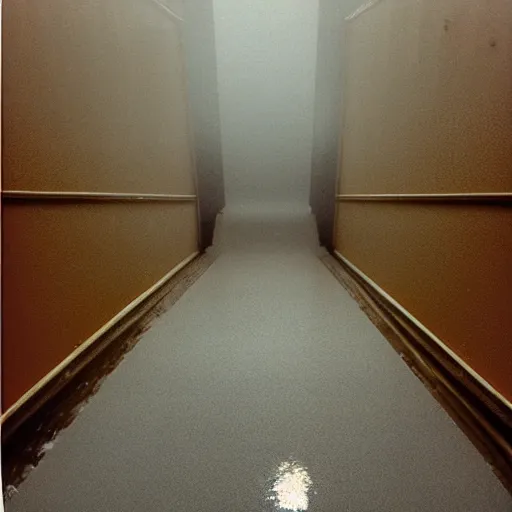 Image similar to Beautiful Fuzzy cameraphone 2000s, Photograph of foggy school stairs with water on the floor
