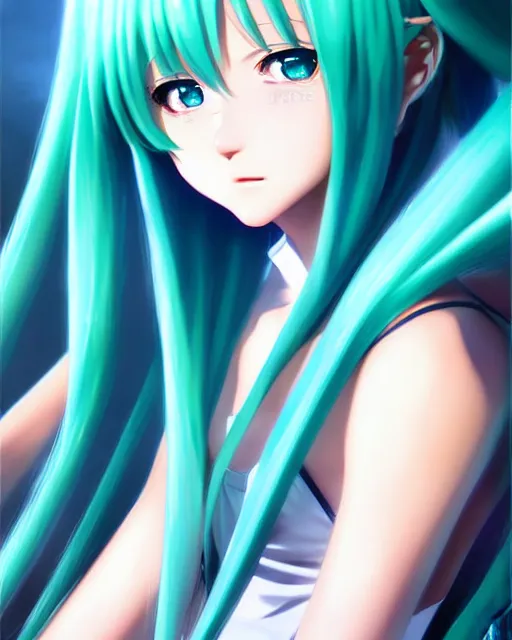 Prompt: portrait anime hatsune miku, cute - fine - face, pretty face, realistic shaded perfect face, fine details. anime. realistic shaded lighting by ilya kuvshinov giuseppe dangelico pino and michael garmash and rob rey, iamag premiere, aaaa achievement collection, elegant freckles, fabulous, eyes open in wonder