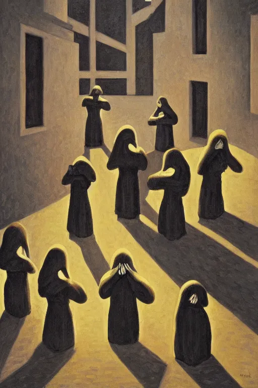 Prompt: fine illustration of five hooded disciples in masks praying to a fascist monument in a brutalist courtyard, lit from below, twilight, lowbrow surrealism, PJ Crook, Edward Hopper oil on canvas