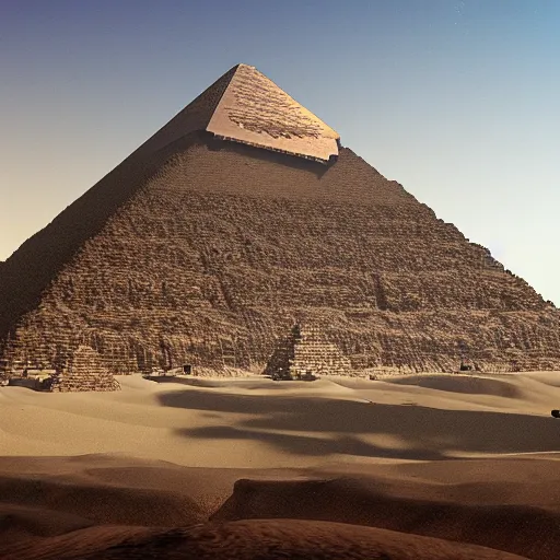 Prompt: great pyramid of giza at ancient times, the pyramid is covered with white marble, the pyramind has a golden tip, ancient egypt, unreal engine, extremely detailed, photoreal