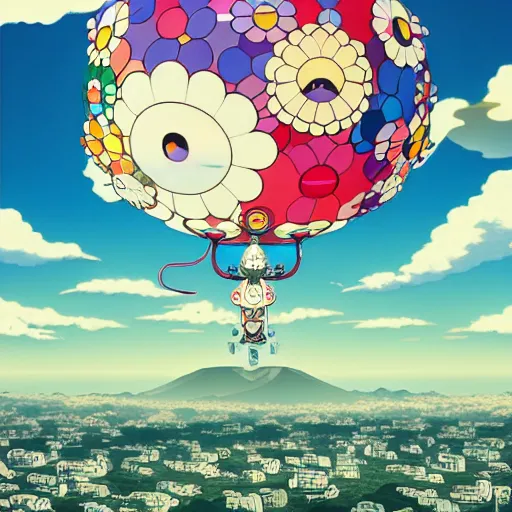 Image similar to a man walking on clouds above kyoto by takashi murakami, beeple and james jean, aya takano color style, 4 k, super detailed