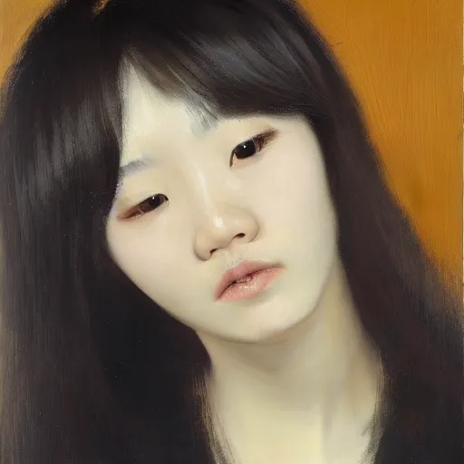 Image similar to portrait of a beautiful korean girl with long hair and bangs, an angry expression, wearing a tuxedo, oil on canvas, elegant pose, masterpiece, Jonathan Yeo painting