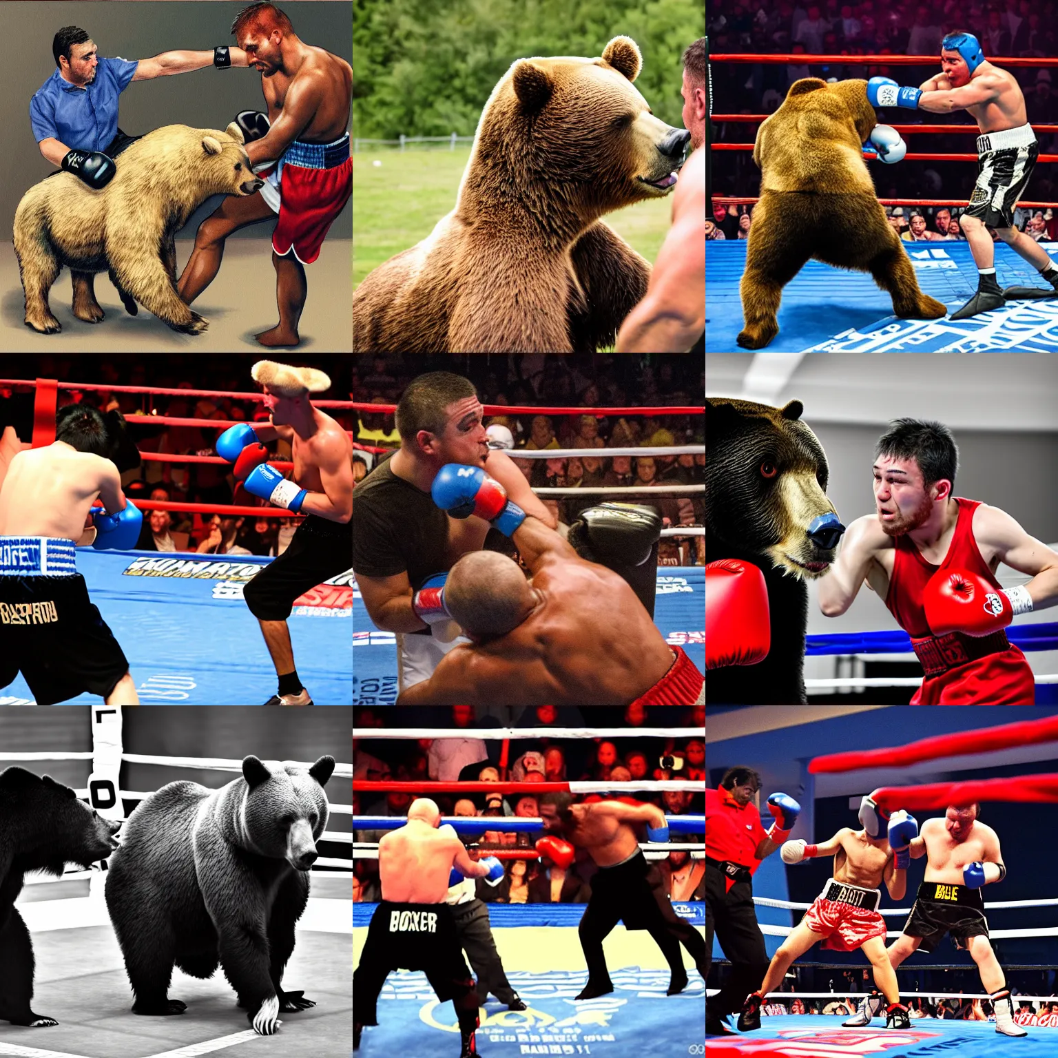 Prompt: a boxing match between a bear and a bull
