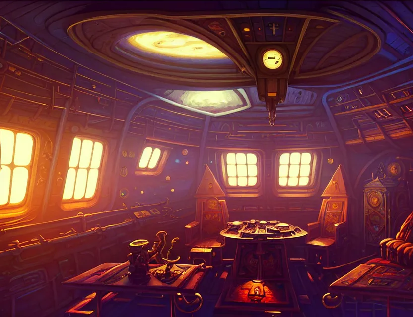 Image similar to interior view in the captain's cabin of a flying ship, d & d spelljammer fantasy art, artstation contest winner, beautiful digital painting in the style of dan mumford, art by kev chan, volumetric lighting, concept art, speedpainting, fantasypunk, deep colors, cgsociety, by gerald brom, by ruan jia, dehazed