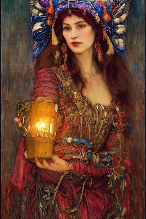 Image similar to queen of twilight with her lantern, by Annie Swynnerton and Diego Rivera and Gaston Bussière and Tino Rodriguez , elaborate headdress and embroidered velvet, iridescent beetles, rich color, dramatic cinematic lighting, extremely detailed