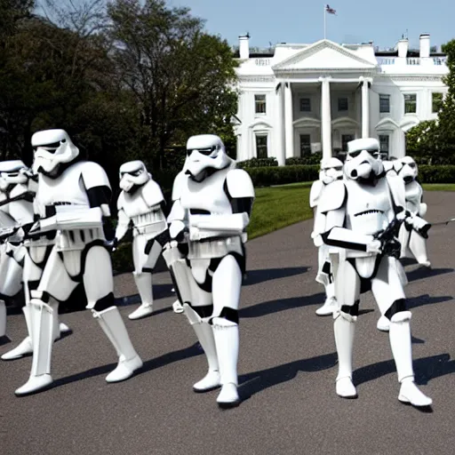 Image similar to Obama leading an Army of Stormtrooper to attack the White house, Obama has a red lightsaber in his right hand, high field of view, 40nm lens, shallow depth of field, split lighting, 4k,