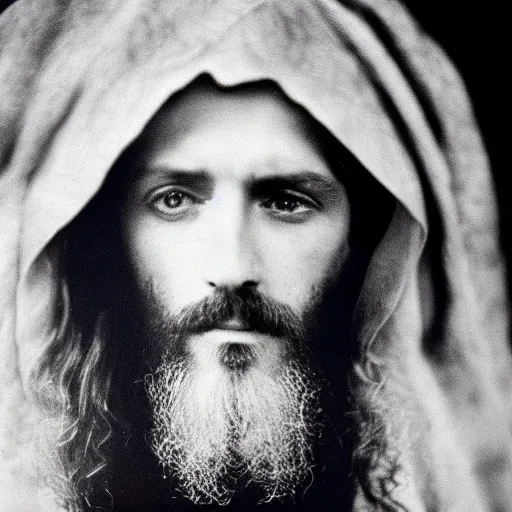 Image similar to Jesus moments after the DMT hallucinations began. Close-up studio portrait photo by Annie Leibovitz. Tri-x.