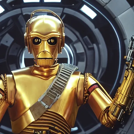 Image similar to A still of C3PO as Han Solo from Star Wars The Empire Strikes Back. Extremely detailed. Beautiful. 4K. Award winning.