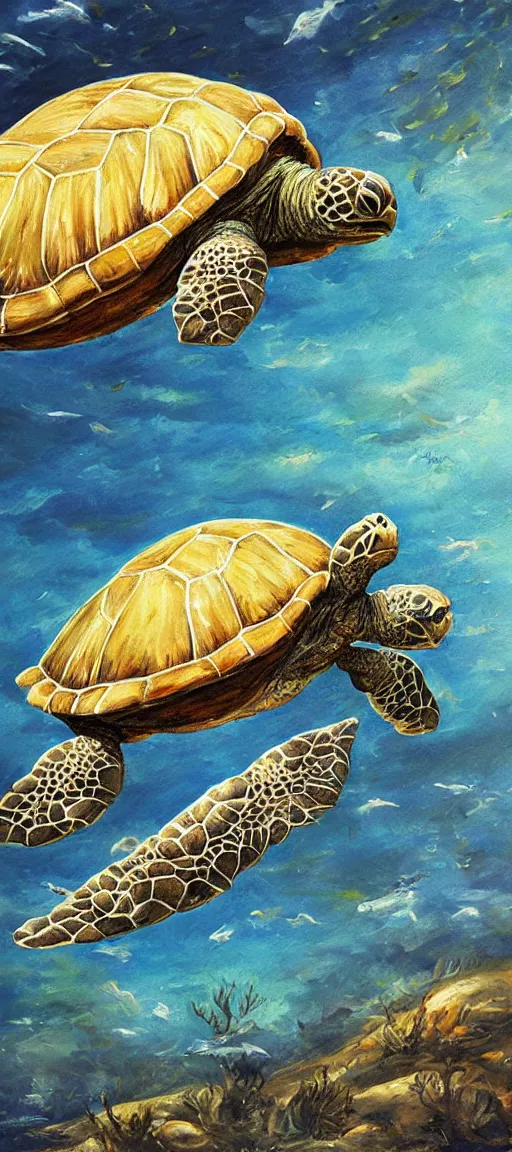 Image similar to giant turtle eating potatoes oil painting