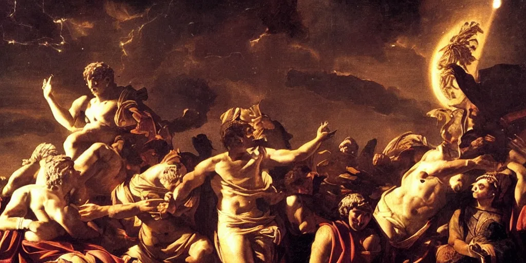 Prompt: a roman emperor using magic to create a void leading to the universe on the sky of roma, chiaroscuro, great compositions, perfect painting rules, beautiful lighting, insanely detailed