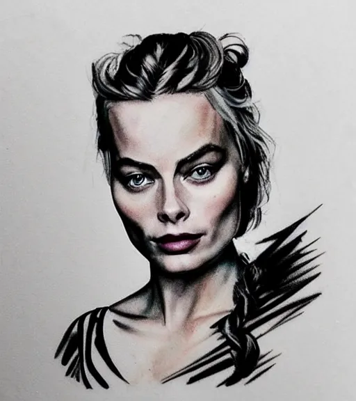 Prompt: tattoo design sketch of margot robbie and beautiful mountain scenery mash up, in the style of maaika de jong, surrealist, amazing detail, sharp