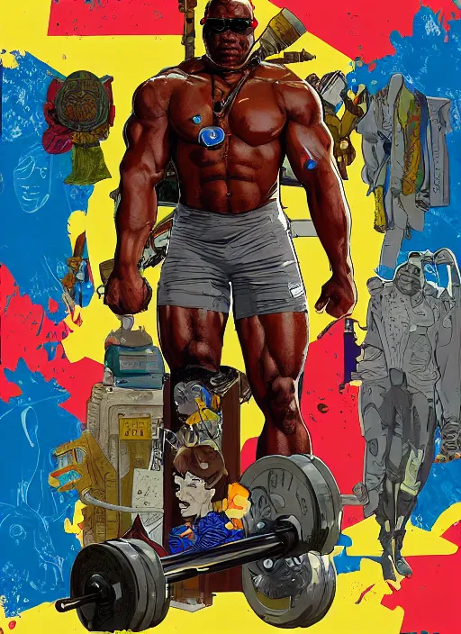 Image similar to chidi igwe. buff cyberpunk weight lifter. portrait illustration, pop art, splash painting, art by geof darrow, ashley wood, alphonse mucha, makoto shinkai ( apex legends )