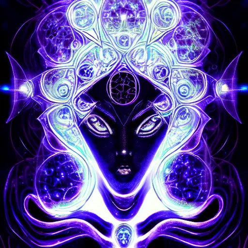 Image similar to a symmetrical portrait of a mystical creature with glowing energies and particals, metal scales, surrounded by spirits, gloomy cinematic lighting, highly detailed, anime style manga