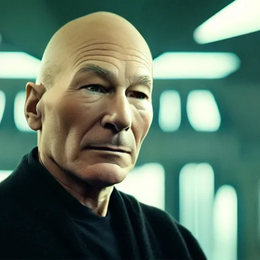 Prompt: a cinematic film still of Patrick Stewart in Star Wars, portrait, 40mm lens, shallow depth of field, close up, split lighting, cinematic