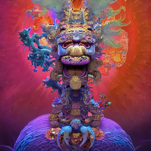 Image similar to 3 d muppet goddess frontal view full body, astral projection, with ram golden skull. beautiful intricately detailed japanese fractal kitsune mask and clasical japanese kimono. betta fish, jellyfish fractal, bio luminescent, plasma, ice, water, wind, creature, mandelbulb, fractal, artwork by tooth wu and wlop and beeple and greg rutkowski