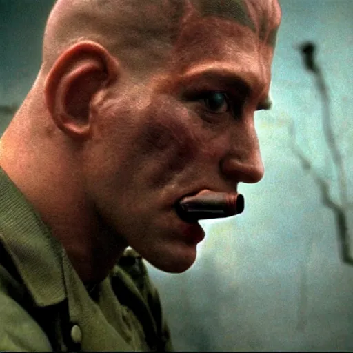 Image similar to cinematic, 4 k, full body portrait, rock golem as a soldier smoking a cigarette, still from the movie universal soldier