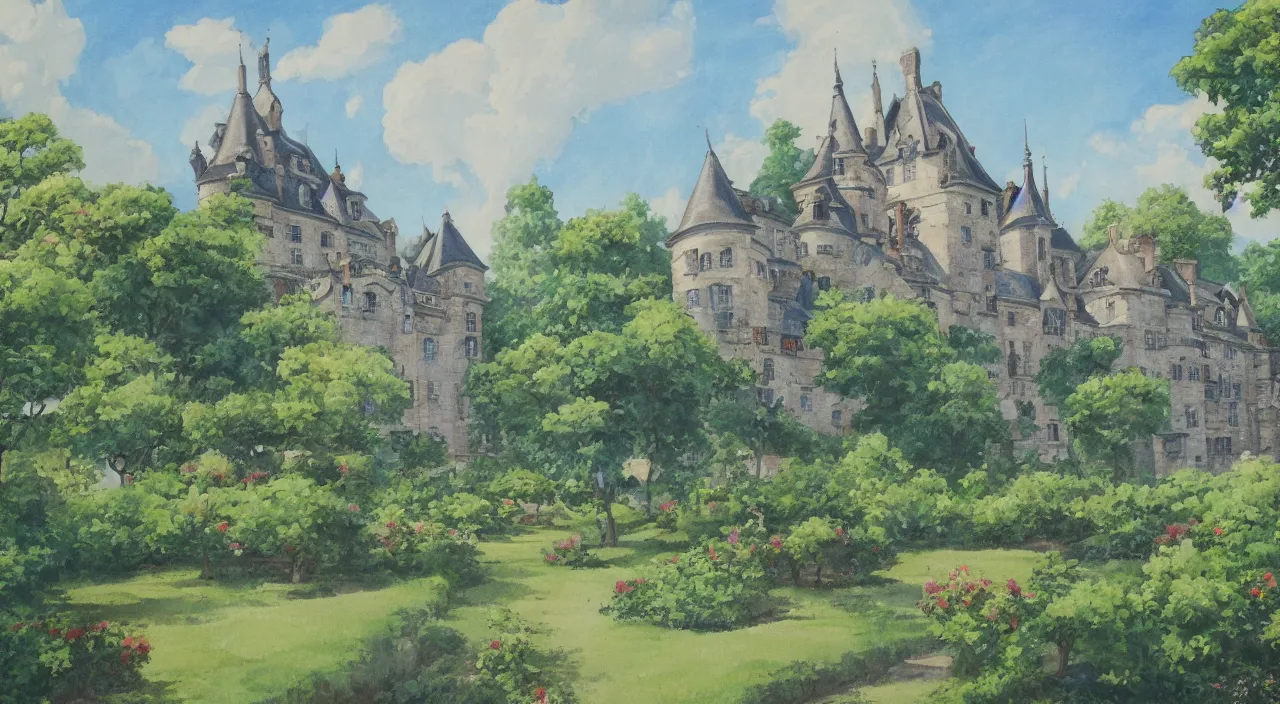 Prompt: a landscape painting of a French castle, with a garden, in the style of anime