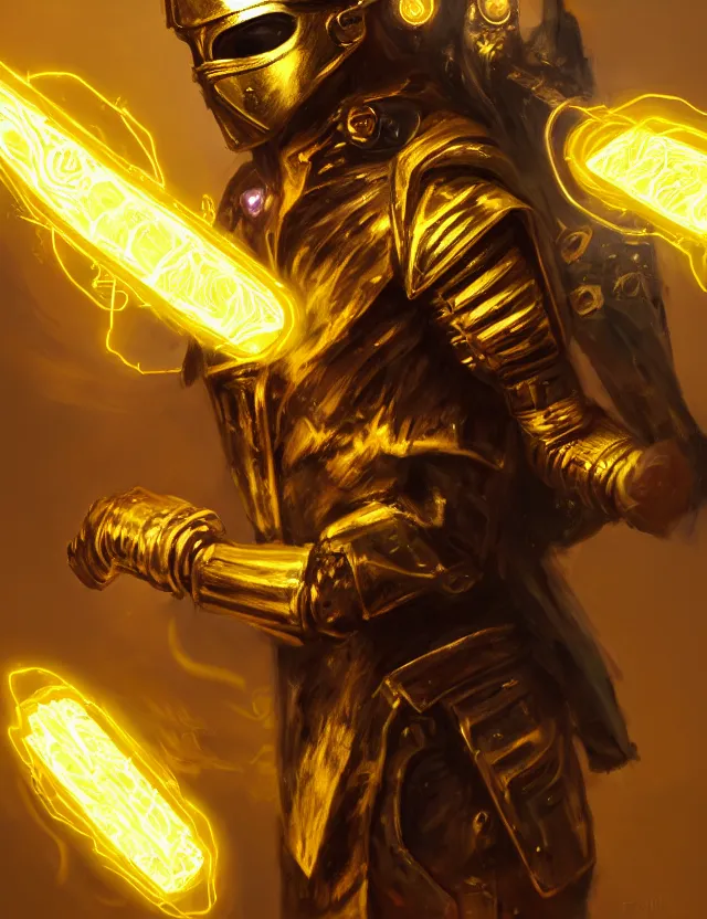 Image similar to a masked cyberpunk warrior in golden armour with a glowing golden gauntlet, surrounded by crackling golden lightning and energy, by frank fazetta and peter mohrbacher, trending on artstation, digital art, 4 k resolution, detailed, high quality, sharp focus, hq artwork, coherent, insane detail, concept art, character concept, character full body portrait