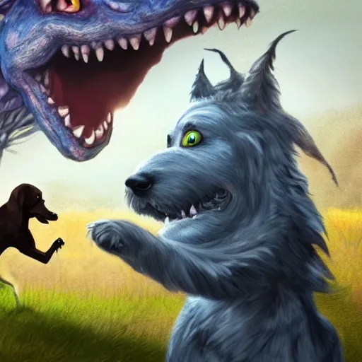 Prompt: a dog barking at a monster, hyper realistic, dangerous, 4k,