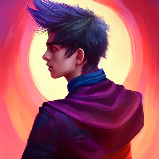 Prompt: colorful and festive captivating teenager boy with straight indigo hair, purple eyes with red eye markers, slim body, wearing combat clothes. rich vivid colors, ambient lighting, dynamic lighting, 4 k, atmospheric lighting, painted, intricate, highly detailed by charlie bowater