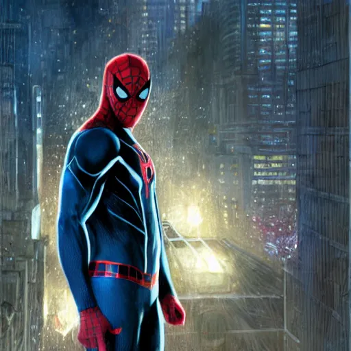 Image similar to ryan reynolds as spider - man, wearing a black and blue suit, cinematic, volumetric lighting, f 8 aperture, cinematic eastman 5 3 8 4 film, photorealistic by greg rutkowski, by stanley artgerm, by alphonse mucha