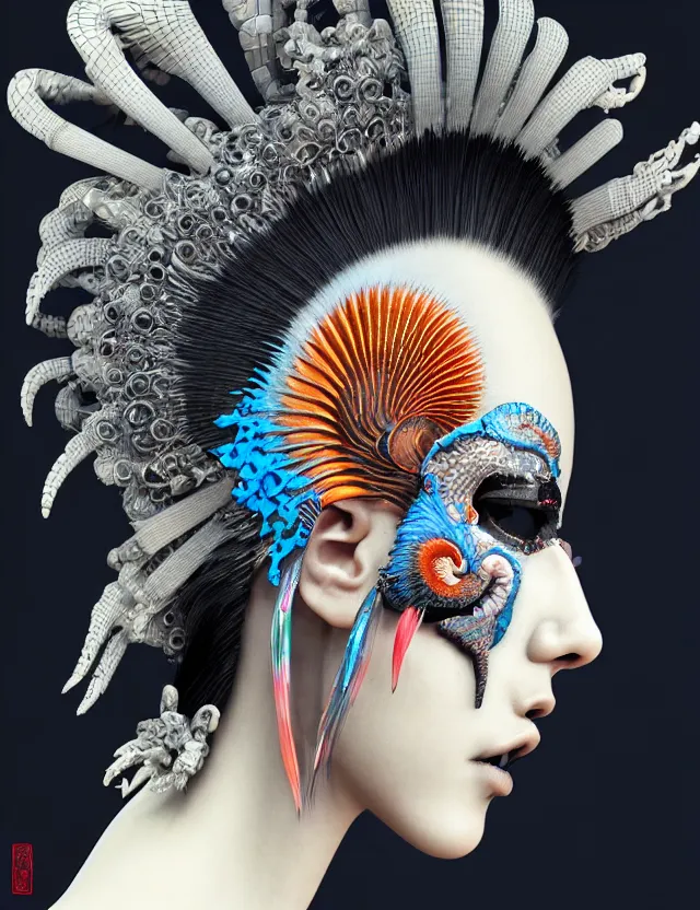 Image similar to 3 d goddess close - up profile portrait punk with mohawk with ram skull. beautiful intricately detailed japanese crow kitsune mask and clasical japanese kimono. betta fish, jellyfish phoenix, bio luminescent, plasma, ice, water, wind, creature, artwork by tooth wu and wlop and beeple and greg rutkowski