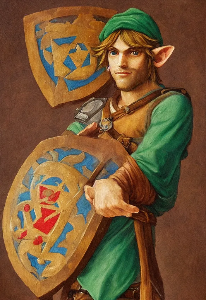 Prompt: oil painting portrait of Link holding an Hyrule shield by Leonardo da Vinci