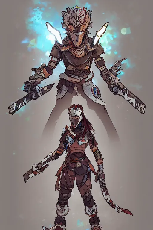 Image similar to combination suit armor aloy horizon forbidden west horizon zero dawn robot ninja mask helmet backpack tribal, art gta 5 comics, official fanart behance hd artstation by jesper ejsing, by rhads, makoto shinkai and lois van baarle, ilya kuvshinov, ossdraws radiating a glowing aura cgi rtx 2 0 2 2