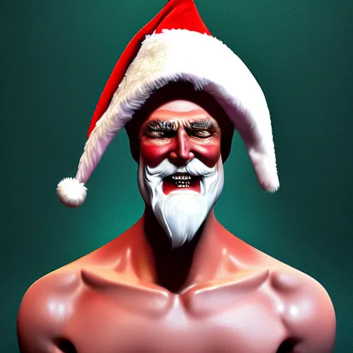 Image similar to frontal torso view of evil santa claus with cream colored cap and cream colored robe, red mouth, greenish cream colored background, fine art, award winning, intricate, elegant, sharp focus, cinematic lighting, digital painting, 8 k concept art, by michael hussar and greg manchess and brom and z. w. gu, 8 k