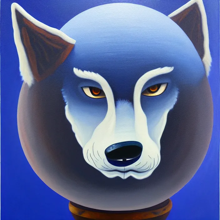 Image similar to a painting of a spherical indigo anthropomorphic male wolf, fursona, furry, round, cute, oil on canvas, soft textures