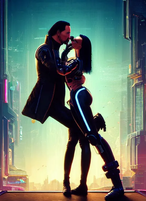 Image similar to a cyberpunk 2077 couple portrait of Keanu Reeves&female android in final kiss,love,film lighting,by Laurie Greasley,Lawrence Alma-Tadema,Dan Mumford,artstation,deviantart,FAN ART,full of color,Digital painting,face enhance,highly detailed,8K,octane,golden ratio,cinematic lighting