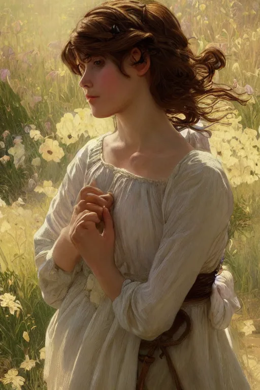 Image similar to beautiful cottagecore young peasant maiden, innocent, intricate, elegant, highly detailed, digital painting, artstation, concept art, smooth, sharp focus, illustration, art by artgerm and greg rutkowski and alphonse mucha