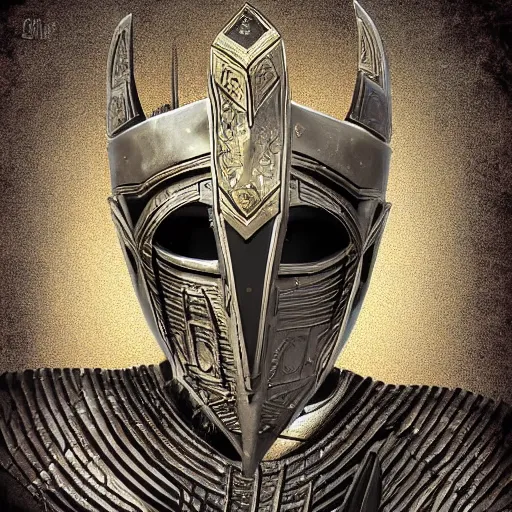 Image similar to an ancient warrior in black wearing a metal mask, digital art