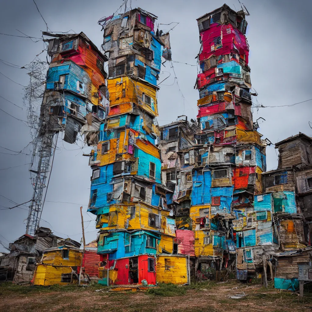 Prompt: a tower made up of colourful makeshift squatter shacks, dystopia, sony a 7 r 3, f 1 1, fully frontal view, photographed by tekla evelina severin, ultra detailed,
