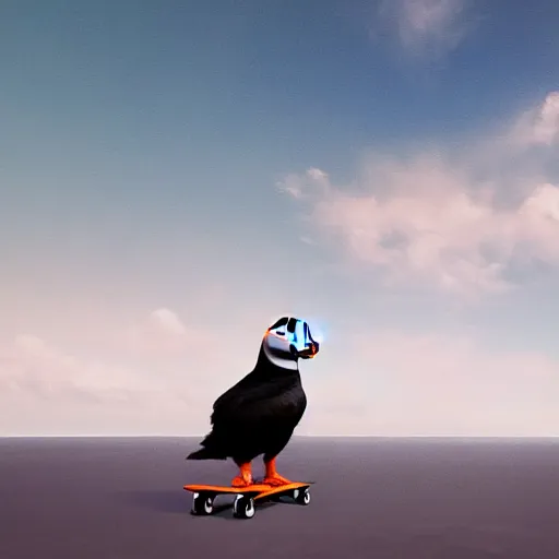 Prompt: puffin riding skateboard, cinematic, cinematic lighting, trending on Artstation, Cgsociety, detailed, 4k, very realistic