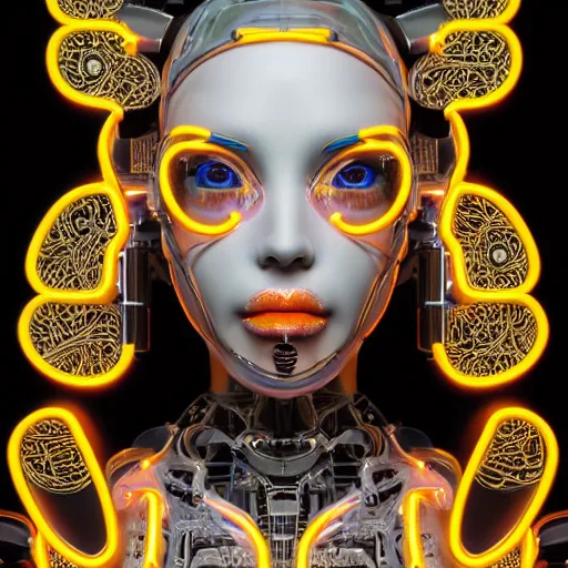 Image similar to an extremely beautiful biomechanical female robot with large emoji, twins, neon jacuzzi, oppai cyberpunk, chimeric organism, pale skin, organic polycarbon, full frontal portrait, highly detailed, transhumanist hydration, light bath, symmetrical, goddess, mendelbrot fractal, ray tracing, hyperdetailed, hyperrealistic, trending on artstation, octane render, hdr, uhd 4k