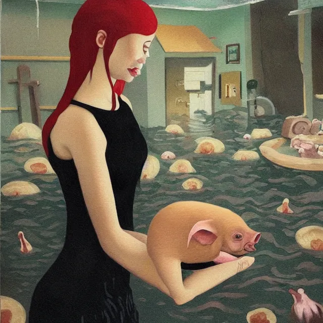 Image similar to tall female emo artist holding a pig in her flooded bathroom, mushrooms, octopus, water gushing from ceiling, painting of flood waters inside an artist's bathroom, a river flooding indoors, pomegranates, pigs, ikebana, zen, river, rapids, waterfall, black swans, canoe, berries, acrylic on canvas, surrealist, by magritte and monet