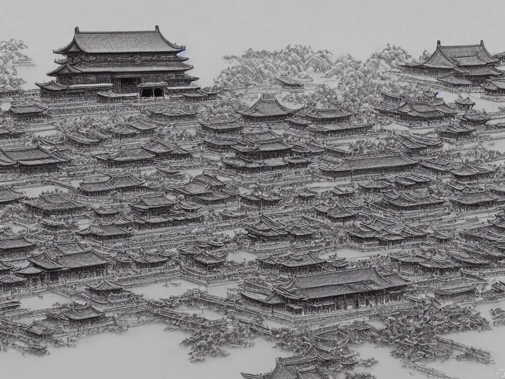 Image similar to forbidden city, highly detailed, cinematic landscape ， ink painting, by xu beihong