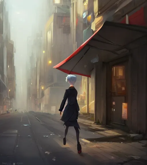 Prompt: a girl in a business is walking in the middle of the street, she has a red necktie and grey hair, digital painting, by tran ross and jordan grimmer and greg rutkowski, anime art, artstation, hd, smooth,