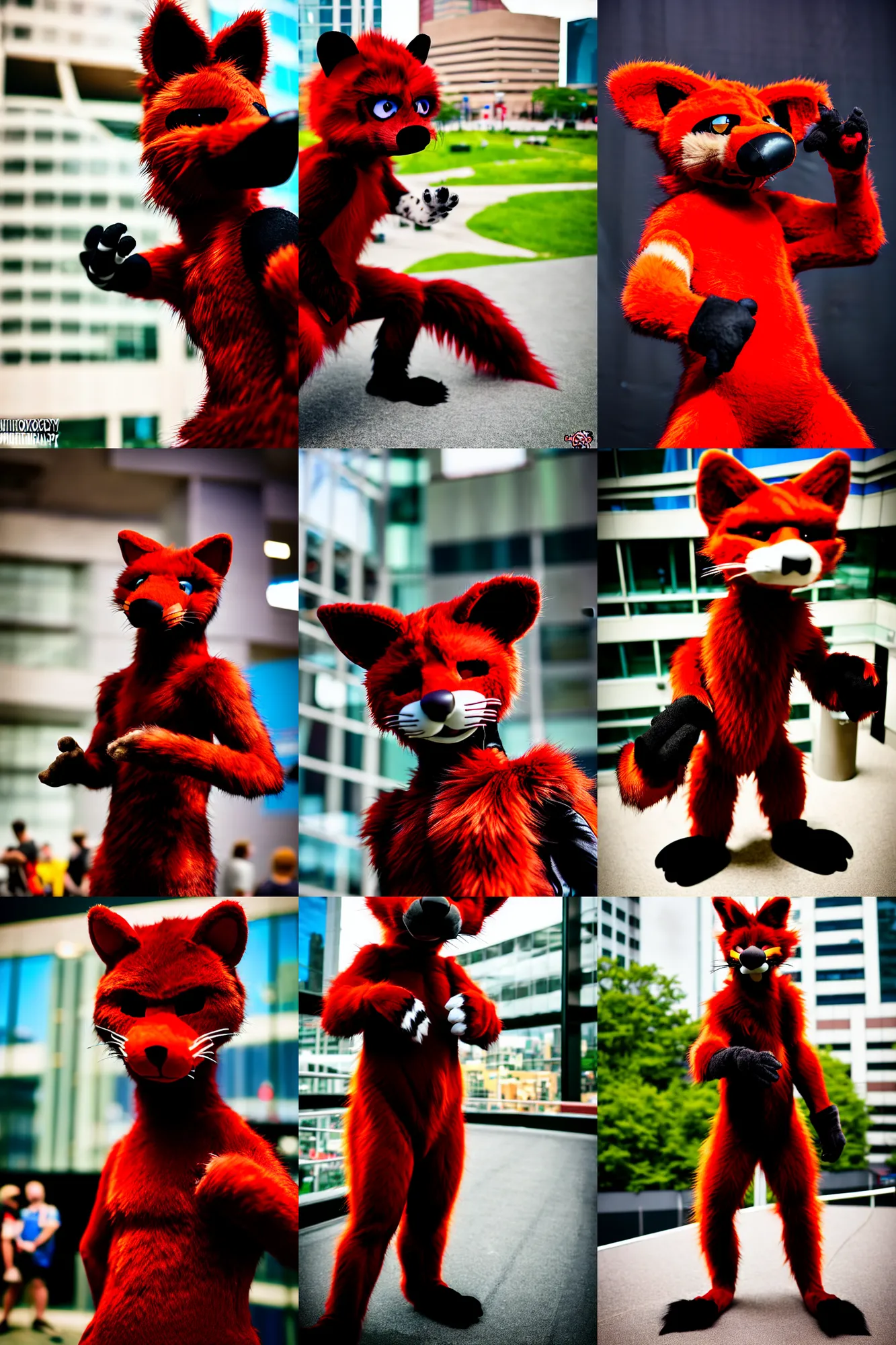 Prompt: photo of a fursuiter posing | | fullbody photoshoot photo portrait of a cute roguish male red - black furred weasel furry fursuiter ( tail attached ), key visual, taken at anthrocon ( furry convention )