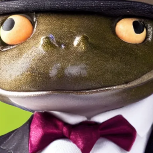 Image similar to a high detail closeup shot of a frog wearing a suit 👔,and smoking a cigarrette🚬