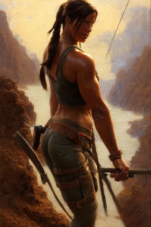 Prompt: muscular sweat lara croft, standing on river, covers with mud exhausted face close up, highly detailed painting by gaston bussiere, craig mullins, j. c. leyendecker 8 k