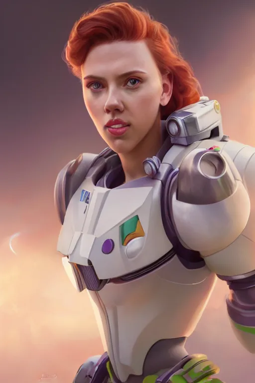 Image similar to scarlett johansson as buzz lightyear, 3 d render, hyper - realistic detailed portrait, ruan jia, wlop. scifi, fantasy, magic the gathering, hyper detailed, octane render, concept art, peter mohrbacher