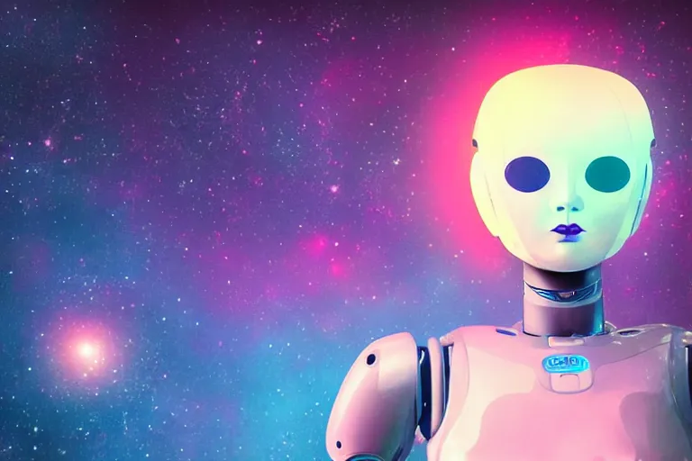 Image similar to a beautiful calm robot girl looking up at the galaxy, digital art, synthwave,